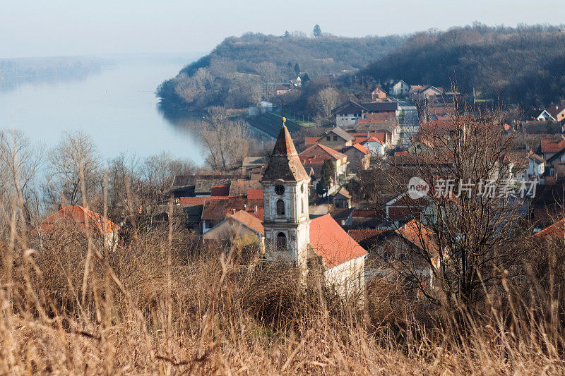 Aerial view panorama of historic Šarengrad Croatia and Danube river delta on border of Serbia and Croatia